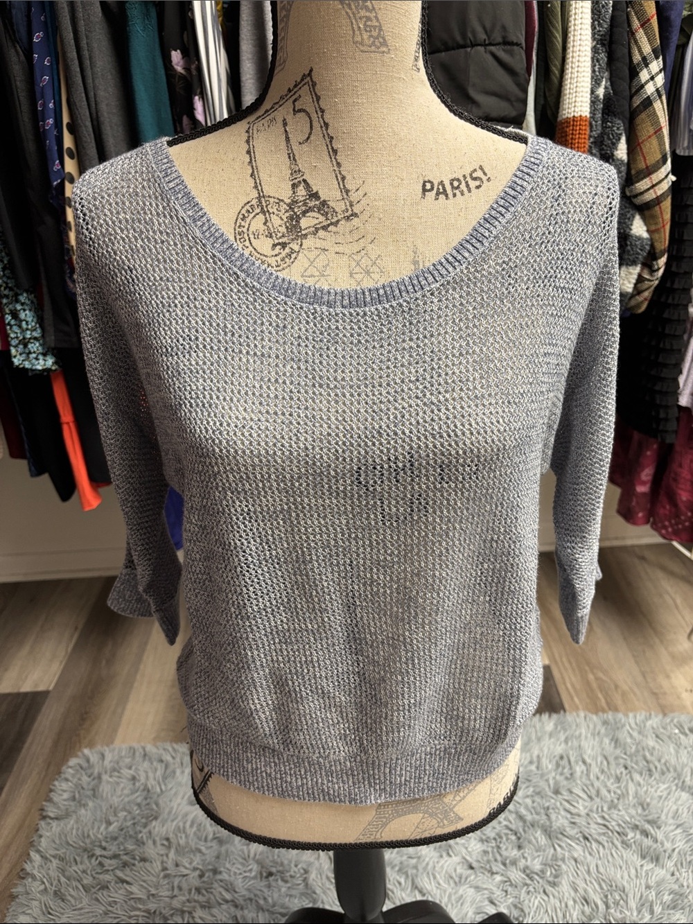Light Blue and Gray Scoop Neck Knit Top